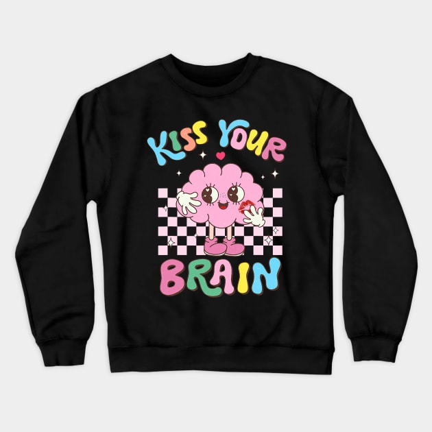 Kiss Your Brain Retro Valentines Day Teacher Squad Kid Crewneck Sweatshirt by jadolomadolo